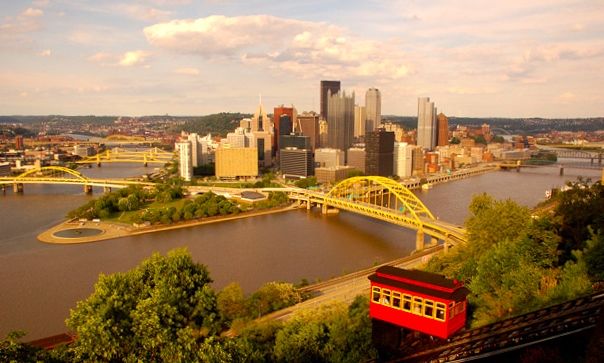 View of downtown Pittsburgh from the top of Mount Washington at the Duquesne Incline observation deck.